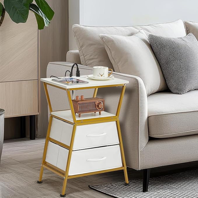 Nightstand with Charging Station, Side Tables for Bedroom with Built-in USB Side Table with 2 USB Ports and Outlets Nightstand with Cloth Drawer End Tables Living Room Sofa Couch