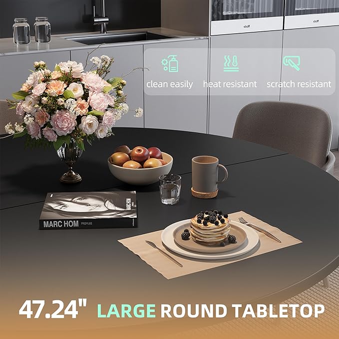 47.24" Round Dining Table, Modern Dining Room Table for 4-6 Person, Wood Round Kitchen Table with Metal Legs, Round Coffee Table for Home Dining Room Living Room (Black)