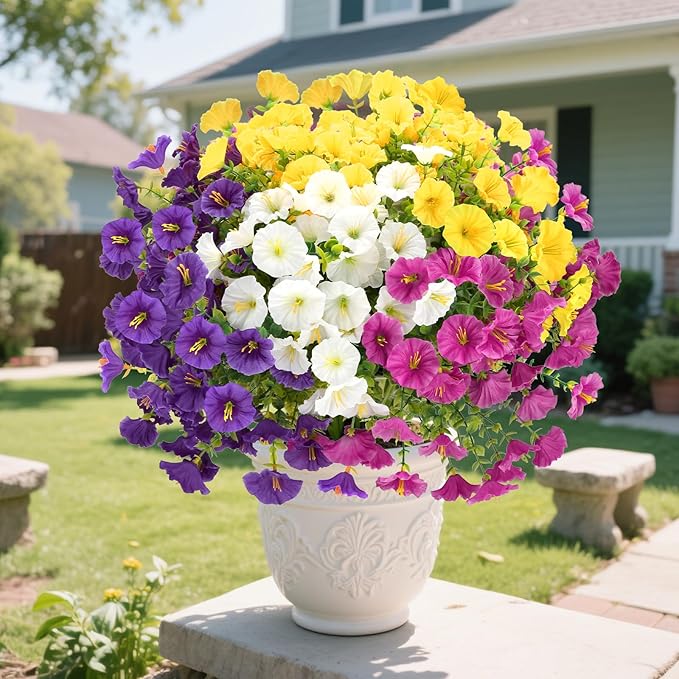 12 Bundles Artificial Flowers for Outdoors Decorations, Fake Flowers Artificial Plants Outdoor, Colorful Faux Morning Glory Eucalyptus Realistic UV Resistant for Garden Patio Porch Home Decor(Mutil1)