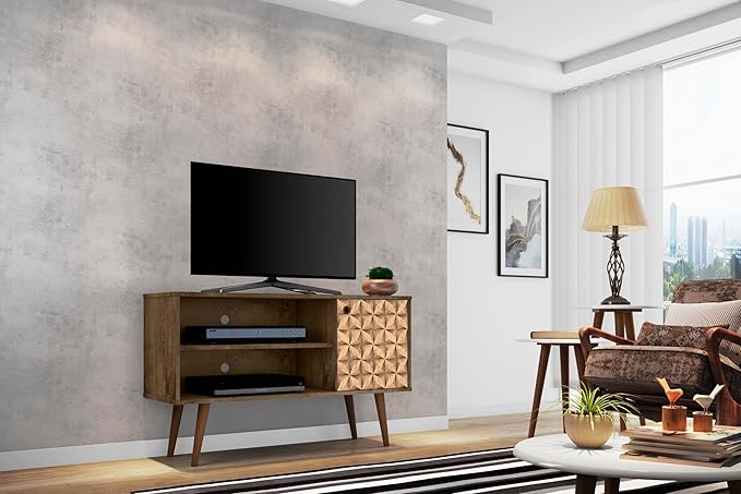 Manhattan Comfort Liberty Mid Century Modern TV Stand for Televisions up to 46 Inches, Bedroom and Living Room Entertainment Center with Storage, Shelves, and Cabinet, 43" Wide, Brown/3d Print
