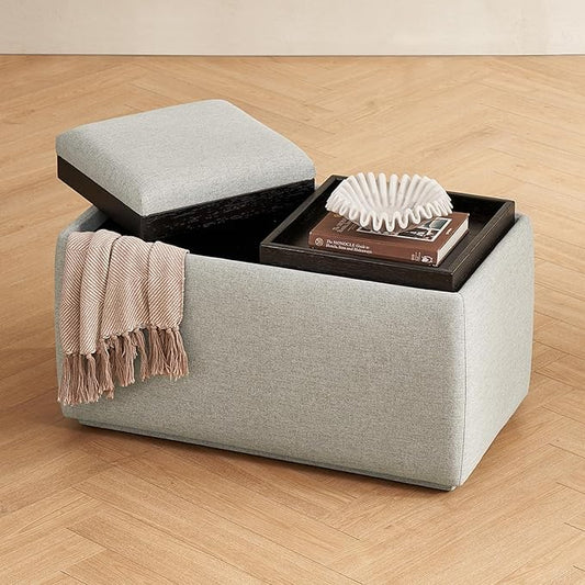 mopio Levi Storage Bench with Reversible Tray, Modern Storage Coffee Table, Bedroom Bench, Rectangular Cube Upholstered Coffee Table Ottoman for Living Room, Bedroom, Entryway (Fabric, Light Gray)