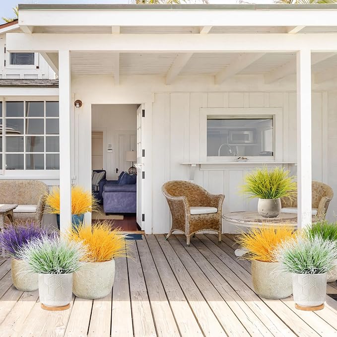 RECUTMS Artificial Grasses Outdoor Plants Tall Grass Spring Fake Grass Plant Plastic Artificial Shrubs for Planters Wedding Indoor Outside Garden Porch Home Office Window Box Decor(Pure Yellow)