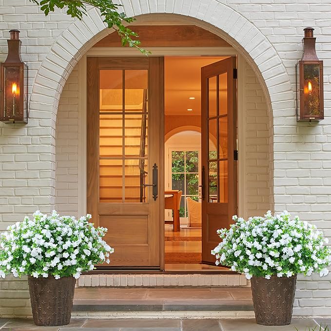 SITUMEIZI 8 Bundles White Artificial Flowers Outdoor Fake Flower Plastic UV Resistant Shrubs Greenery Plants Hanging Decorations Garden Porch Window Box Farmhouse Outside Summer Indoor Decor