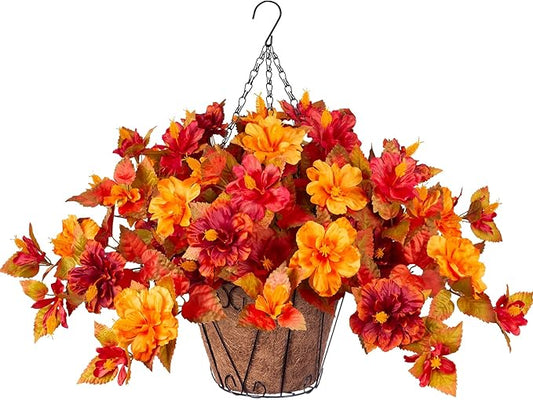Artificial Fake Fall Hanging Flowers with Basket for Outdoors Decoration 3PCS Faux Fall Flowers for Outdoor Planters UV Resistant No Fade Silk Hibiscus for Home Porch Patio Garden Balcony Yard Decor