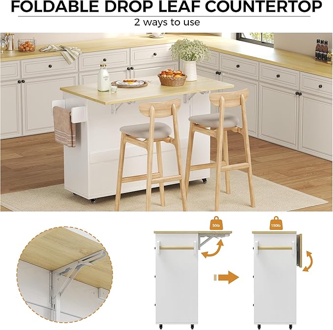 IRONCK Kitchen Island with Storage, 47.2in Rolling Island on Wheels, Kitchen Cart with Drop Leaf, 3 Spacious Drawers, Storage Cabinets and Towel Rack for Home, Dining Room