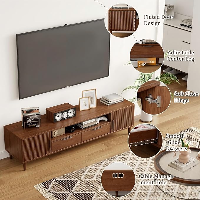 Mid Century Modern TV Stand for TVs Up to 65 in- Wooden Fluted Entertainment Center Low Profile TV Console with Cabinet, Drawers and Shelf, Media Console for Living Room