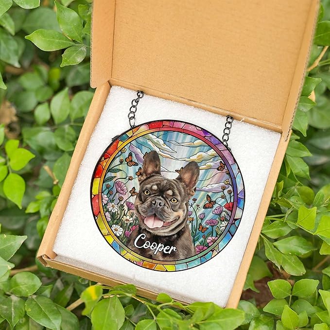 Custom Dog Portrait Stained Glass Window Hangings, Pet Stained Glass Suncatcher, Loss of Dog Sympathy Gift Personalized, Custom Name Dog Memorial Gifts