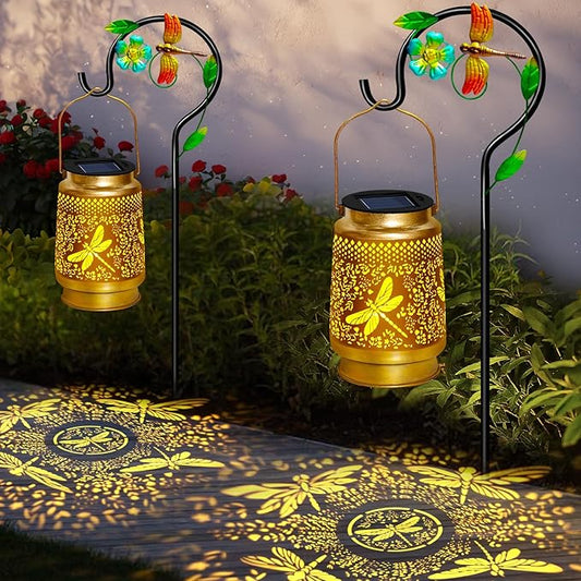 2 Packs Dragonfly Solar Lanterns Outdoor Waterproof with Shepherd Hook,Hanging Solar Lights Garden Decor,Christmas Decorations Dragonfly Gift for Women Grandma,Metal Decorative Lanterns for Yard,Patio