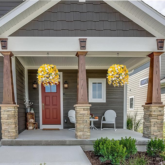 Artificial Fake Fall Hanging Flower Plants Basket for Outdoors Decoration, Faux Silk Hibiscus Long Vines in Planter UV Resistant Realistic Flowers for Outside Patio Porch Home Decor (YellowWhite)