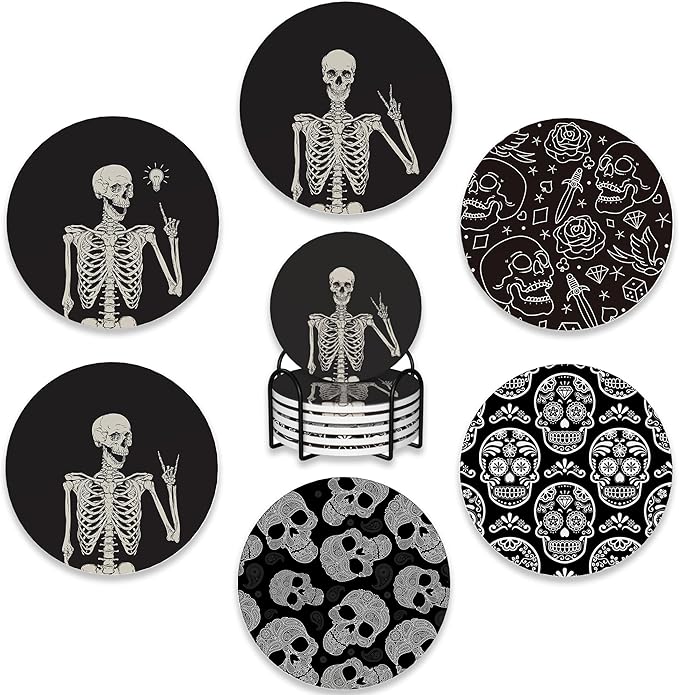 Drink Coasters Set of 6 with Holder,Human Skeleton Posing Skull Head Absorbent Ceramic Coasters with Cork Base,Fit All Cups,Tabletop Protection Mat for Mugs and Cups,Office,Kitchen