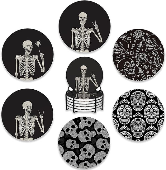 Drink Coasters Set of 6 with Holder,Human Skeleton Posing Skull Head Absorbent Ceramic Coasters with Cork Base,Fit All Cups,Tabletop Protection Mat for Mugs and Cups,Office,Kitchen