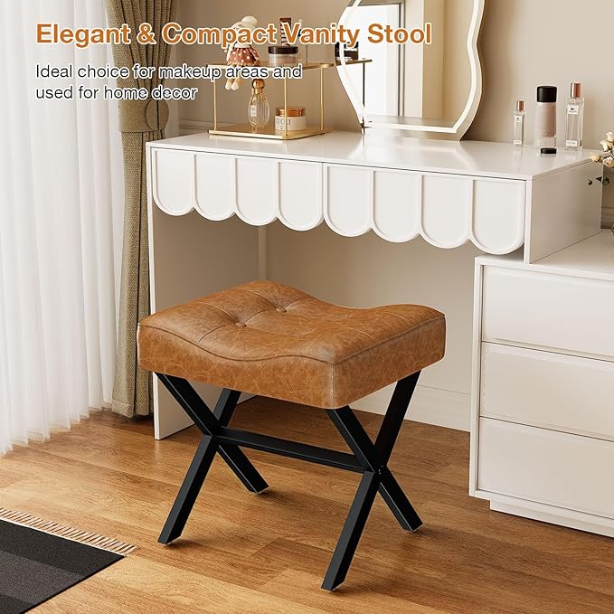 18-Inch Large Leather Vanity Stool, Vanity Chair with Metal X-Leg, Ottoman Accent Stool with Thick Padded Saddle Seat, Brown