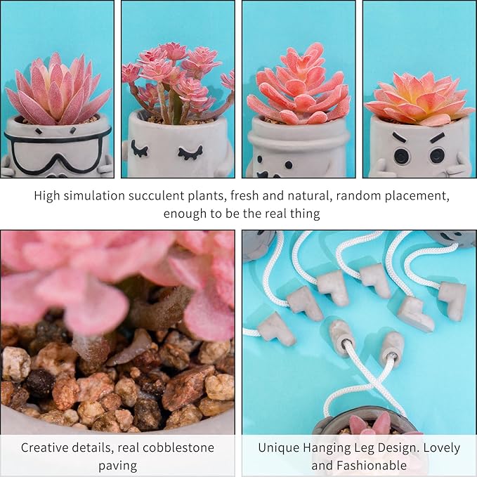 Set of 4 Artificial Potted Mini Succulent Plants - Small Fake Succulents in Hanging Leg Cement Pots, Desk/Bathroom/Bookshelf/Wall Decor for Home Office, Cute Office Decor for Women (Pink)