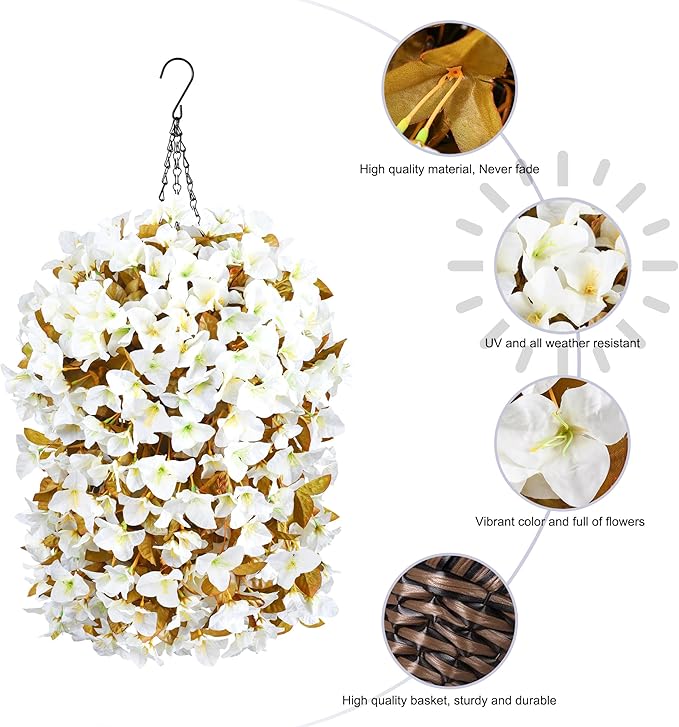 Bougainvillea Artificial Fall Flowers Fake Plants for Outdoors Autumn Decoration, 3PCS Faux Silk Hanging Trailing Vines with Baskets UV Resistant Realistic for Front Door Patio Balcony, Fall White