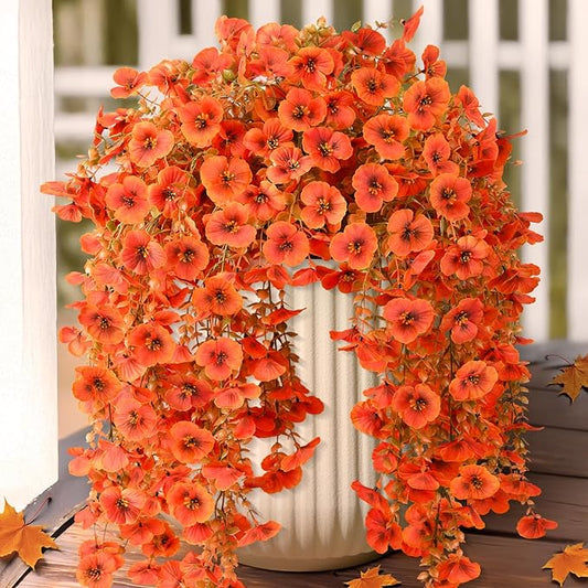 Artificial Fall Flowers for Outdoor, 4 Pcs Faux Pansy Fake Mums Plant Hanging Flowers Outdoor Fall Decor, UV Resistant No Fade Silk Flower for Front Door Porch Planter Patio Yard Garden(Orange)