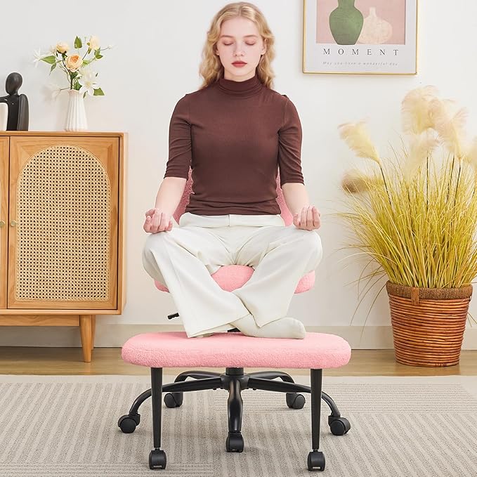 Criss Cross Legged Meditaion Chair,Exquisite Home Office Furniture,Ergonomic Kneeling with Lumbar Support and Adjustable Height Stool,for ADHD Adults,Teddy Fabric (Pink)