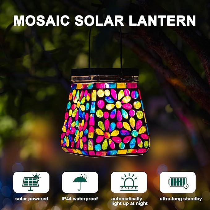 VOREEN Mosaic Solar Lanterns, Handmade Outdoor Glass Hanging Lights, Solar Table Lamps, IP44 Waterproof Lights, Deco for Garden, Patio, Yard, Party, Balcony, Gift for Mom Wife Friend, Colorful Flower