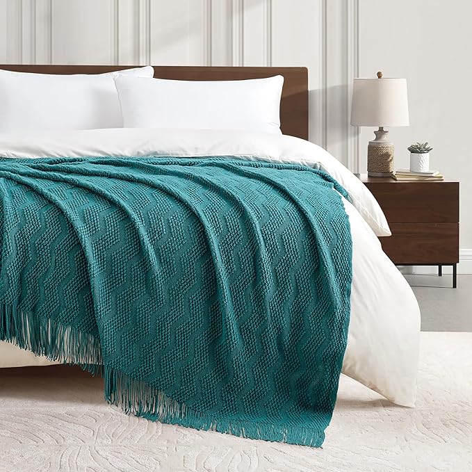 BOURINA Teal Throw Blanket 50x60 Inches Throw Textured Solid Soft Ripple Throws and Blankets for Sofa or Bed Knitted Decorative Blanket