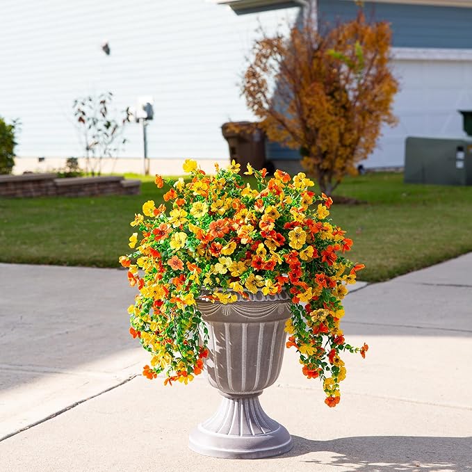 INSPRING Artificial Flowers for Outdoors Fake Mums Hanging Plants Decor, 2Pcs Silk Daisy with Eucalyptus UV Resistant Look Real Trailing Vines for Planter Front Door Patio Yard, OrangeYellow