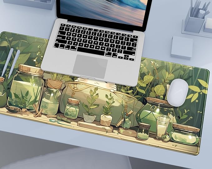 Cute Kawaii White Cat Anime Green Plant Leaves Desk Mat Large Mouse Pad Gaming Desk Pad, XL Extended Mousepad Desk Accessories for Women Office Decor Long Laptop Keyboard Mouse Mat 31.5x11.8 in