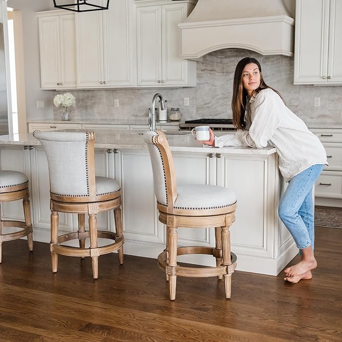 Maven Lane Pullman Counter Stool 26 Inches – Swivel Stool with Footrest – Light Brown Solid Wood Frame & Natural Fabric Upholstery – Perfect for Kitchen Islands & Counters