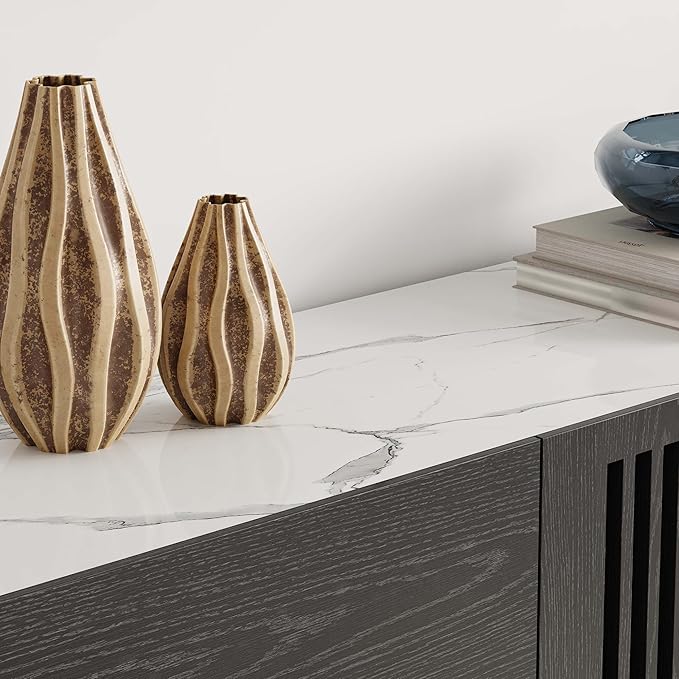 POVISON Mid Century Modern Sintered Stone TV Stand, Slatted Media Console TV Cabinet with Tall-cast Metal Legs, Fluted Entertainment Center with Storage, Fully-Assembled (Black, 78.74")