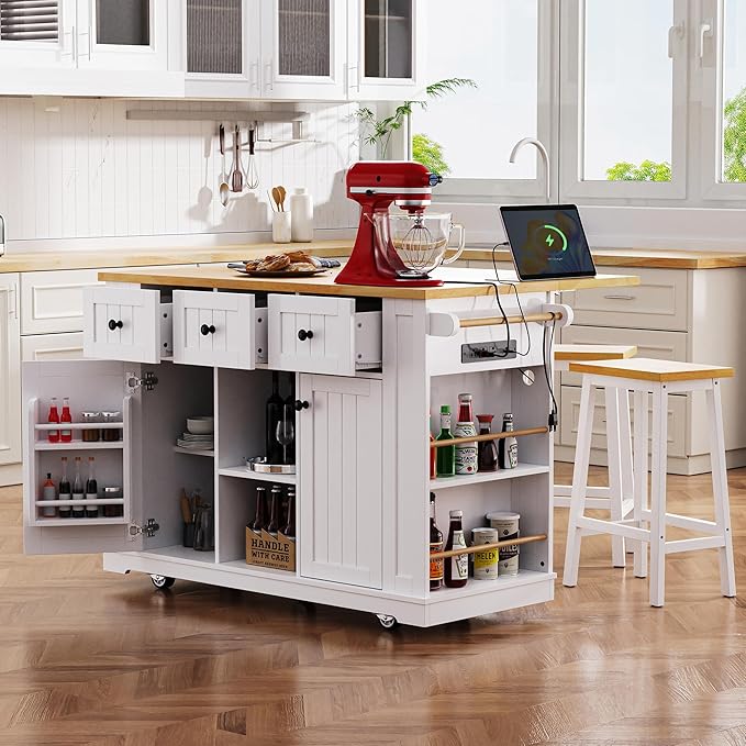 Merax 53" Kitchen Cart Island on Wheels with Power Outlet,Drop Leaf,3 Drawers and 5 Open Side Racks,Wood Storage Cabinet