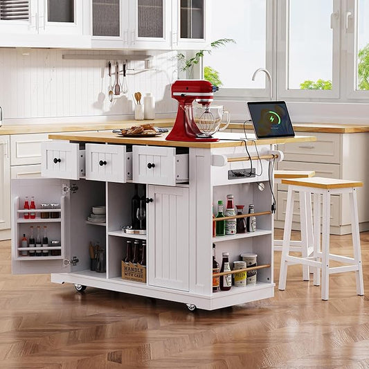 Merax 53" Kitchen Cart Island on Wheels with Power Outlet,Drop Leaf,3 Drawers and 5 Open Side Racks,Wood Storage Cabinet