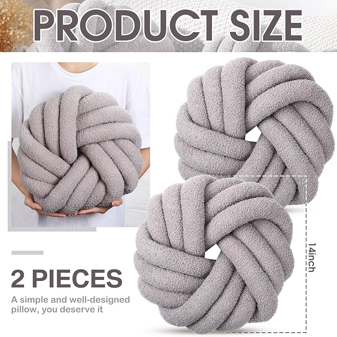 Marsui 2 Pieces Knot Ball Pillows 14 x 14 Inch Decorative Pillow for Couch Bedroom Plush Throw Knot Pillow Soft Handmade Chair Cushion for Living Room Car Decorations (Light Gray)