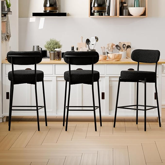 DYHOME Bar Stools Set of 3,Black 27.56" Counter Height Bar Stools with Curved Back, Boucle Barstools with Back, Mid-Century Modern Bar Chairs for Kitchen Island, Dining Room