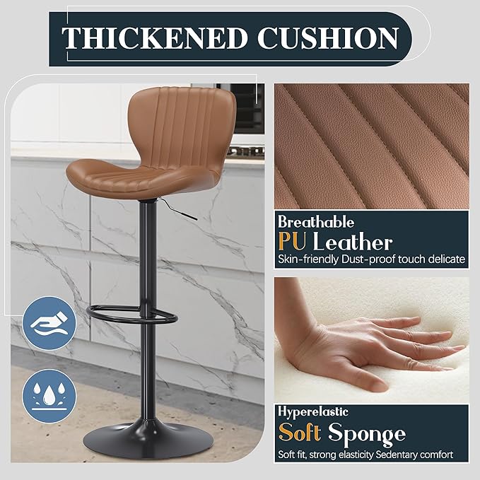 SUNLEI Swivel Swivel Bar Stools Set, Barstools Counter Height with Shell Shaped Backrest, Adjustable Moder Stools Pu Leather Bar Stool for Kitchen Counter, Island, Bars, Dining Room(Brown, Set of 2)