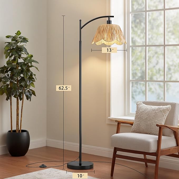 Oneach Arc Floor Lamp for Living Room,Rattan Boho Floor Lamp with Hand-Woven Shade, Foot Switch,Black Metal Base & Pole,Farmhouse Standing Lamp for Bedroom Corner,Reading