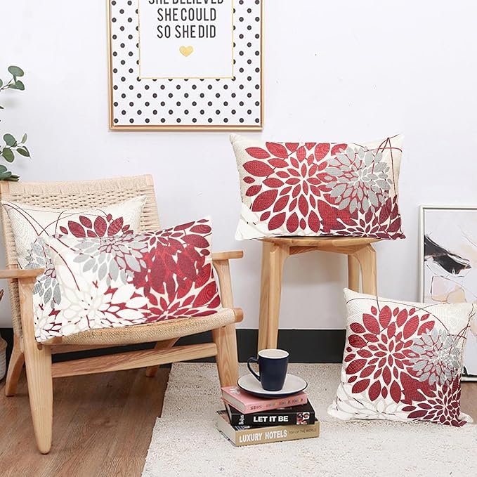 Wine Red Decorative Throw Pillow Covers 12x20 Inch Pillow Covers for Couch Living Room Bedroom Outdoor.Modern Sofa Throw Pillow Cover.Farmhouse Geometric Floral Linen Square Pillow Case.Set of 2