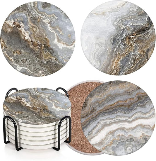 Britimes Coaster for Drinks Set of 6, Grey Marble Golden Stone Agate Table Absorbent Round Ceramic Stone Mat, with Cork Base and Metal Holder, Gift for Housewarming Room Bar Decor