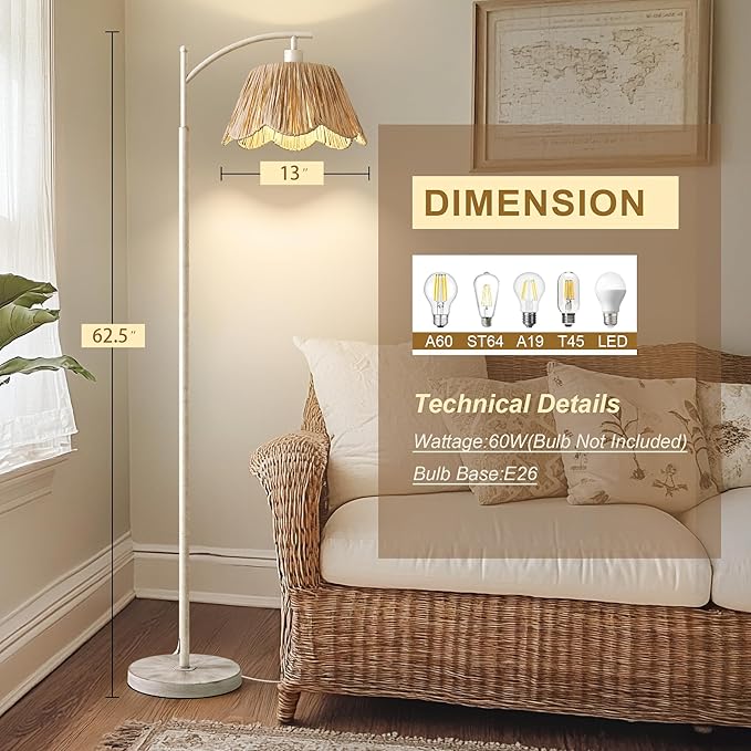 Oneach Farmhouse Floor Lamps for Living Room, Boho Floor Lamp for Bedroom with Foot Switch, Rattan Floor Lamp for Reading with Hand-Woven Shade, Antique White Metal Base & Pole