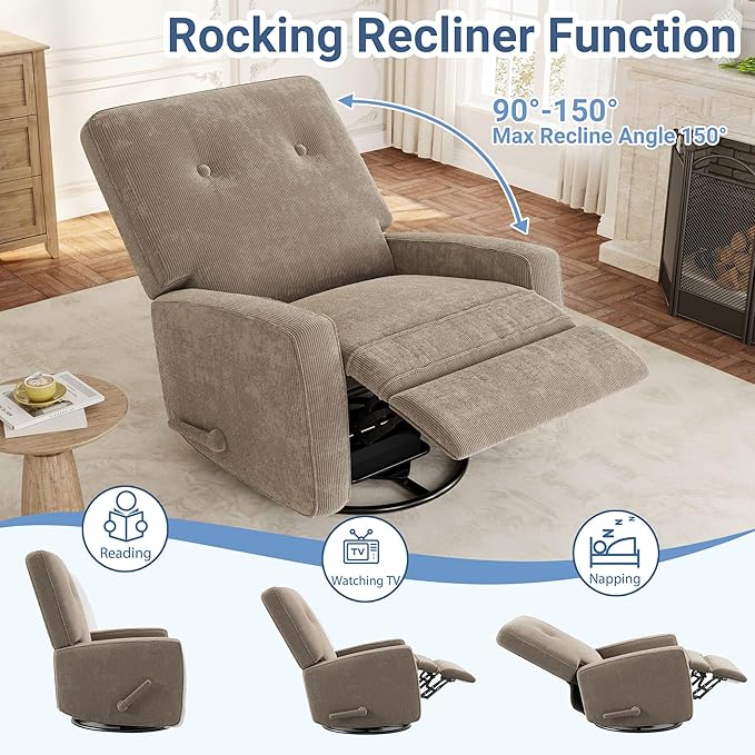 Recliner Chairs, Swivel Rocker Recline, Glider Recliner Nursery Chair, Recliner Chair for Adults, 360° Swivel Glider Rocking Chair for Living Room, Bedroom, Office, RV, Corduroy, Khaki