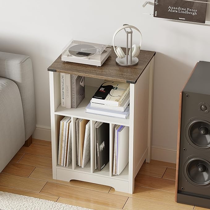 ChooChoo Record Player Stand, Vinyl Record Storage Cabinet, Turntable Stand Holds up to 160 Albums, Record Player Table Display Shelf for Living Room, Bedroom, Office, Rustic White