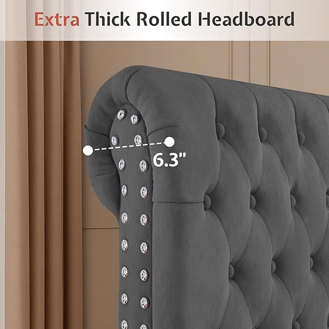 Jocisland Queen Bed Frame with 53" Tall Headboard, Velvet Upholstered Platform Sleigh Bed with Button Tufted, Solid Wood Legs, No Box Spring Needed, Easy Assembly, Dark Gray
