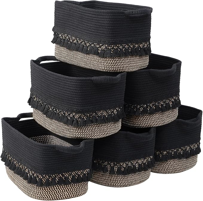 6 Pack Storage Basket for Shelves, Boho Cotton Rope Storage Bins with Heavy Tassel, Shelf Baskets Large Woven Baskets for Organizing, Cube Organizer Bins, Baby Laundry Basket for Clothes, Toys, Pets