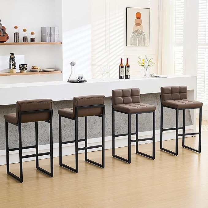 Bar Height Stools Set of 4, Upholstered Barstools with Back and Thickened Metal Frame, Modern 30-inch Tall Bar Chairs for Kitchen Island, Bar, Counter (Coffee Brown, 4Pcs 30" Bar Stools)
