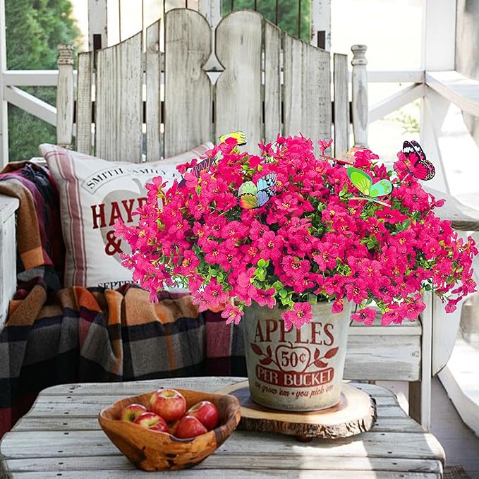 ‌20 Bundles Artificial Flowers for Outdoors‌ with 6 Faux Butterflies, UV Resistant ‌Fake Flowers‌ with Eucalyptus Leaves, ‌Artificial Plants Outdoor‌ for Patio Garden Porch Home Decor (Rose Red)