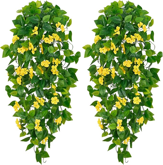 BLEUM CADE Artificial Hanging Flowers for Outdoors, 2pcs Fake Hanging Plants Pothos Vines with Yellow Flowers for Wall Home Living Room Indoor Outdoor Decor (No Baskets)