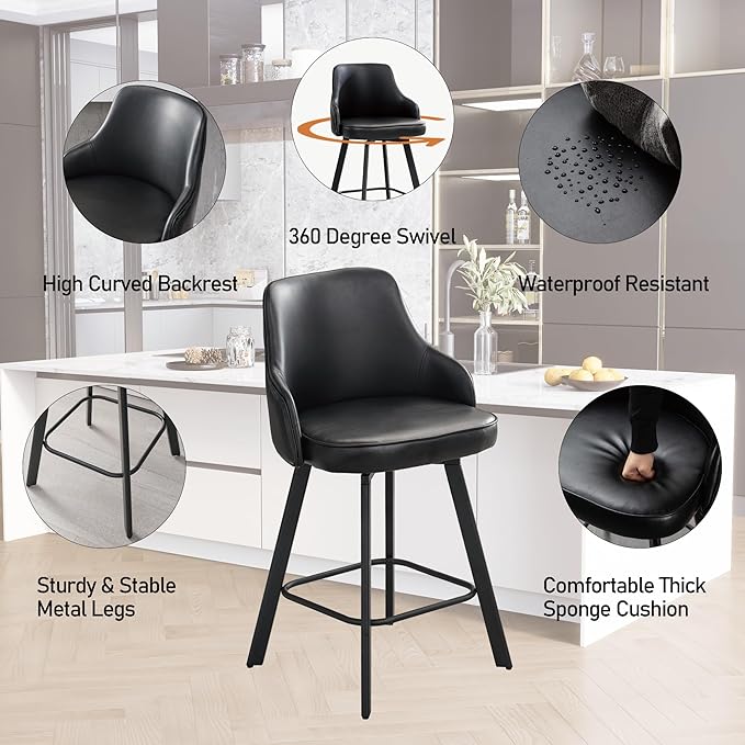 Bar Stools Set of 3, 26" Swivel Counter Height Bar Stools with High Back, Faux Leather Kitchen Barstools Counter Height for Kitchen Island (Black, 3PCS 26" Counter Stools)