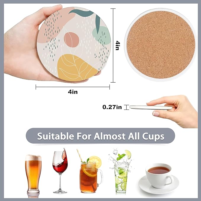 Drink Coasters Set of 6 with Holder,Abstract Dots and Leaves Absorbent Ceramic Coasters with Cork Base,Fit All Cups,Tabletop Protection Mat for Mugs and Cups,Office,Kitchen