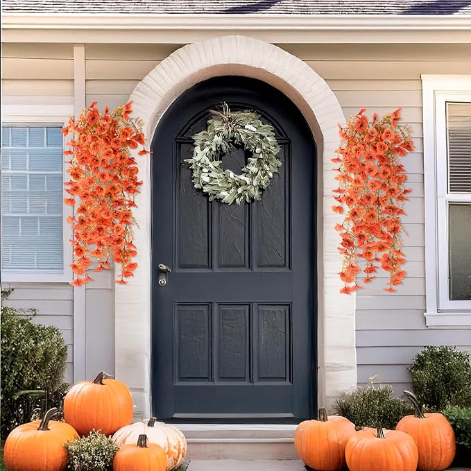 Artificial Fall Flowers for Outdoor, 4 Pcs Faux Pansy Fake Mums Plant Hanging Flowers Outdoor Fall Decor, UV Resistant No Fade Silk Flower for Front Door Porch Planter Patio Yard Garden(Orange)