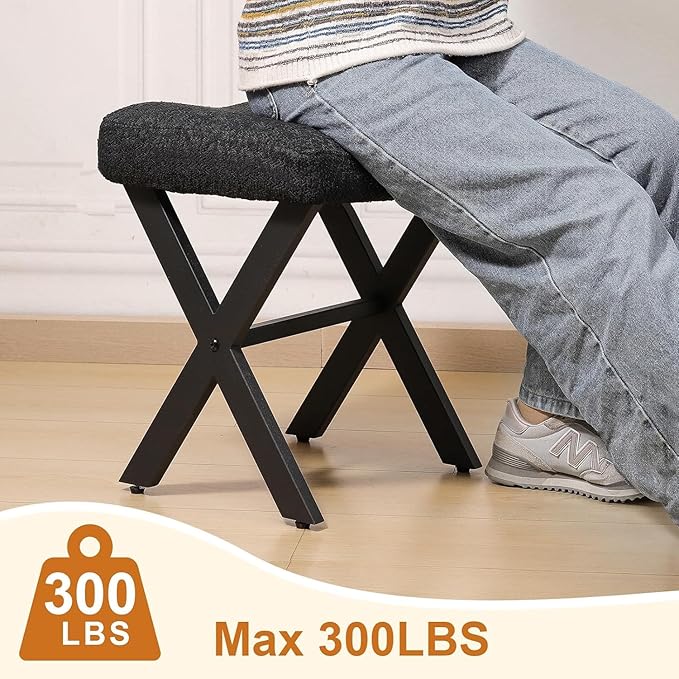 18-Inch Vanity Stool Chair, Vanity Bench with Metal X-Legs, Ottoman Accent Stool with Breathable and Soft Boucle Fabric Saddle Seat, Black