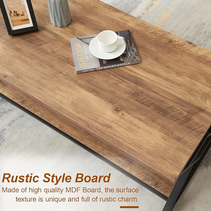 HOMISSUE Coffee Table, Rustic Rectangle Coffee Table with 2-Tier Storage, Engineered Wood Center Table with Open Shelves, Minimalist Coffee Table for Living Room, 47 Inch, Oak Brown