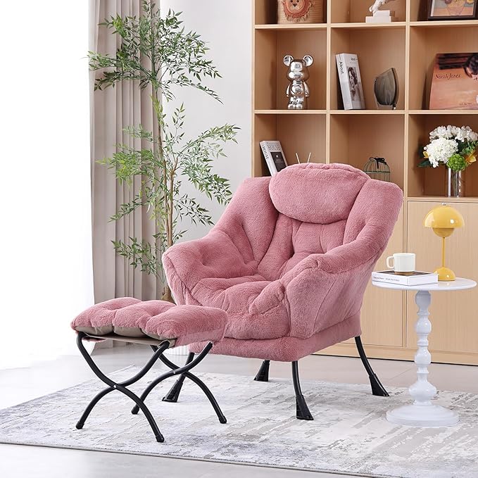 Welnow Lazy Chair with Ottoman, Modern Lounge Accent Chair with Armrests and a Side Pocket, Leisure Sofa Armchair Set, Reading Armchair with Footrest for Small Space, Plush Dark Pink