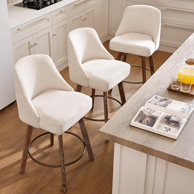 IWOOD Mid Century Modern Counter Height Bar Stools Set of 3,360° Swivel Barstools with Solid Wood Legs,26'' Island Chairs with Wrap-Around Backrest,Beige Linen Comfort Fabric