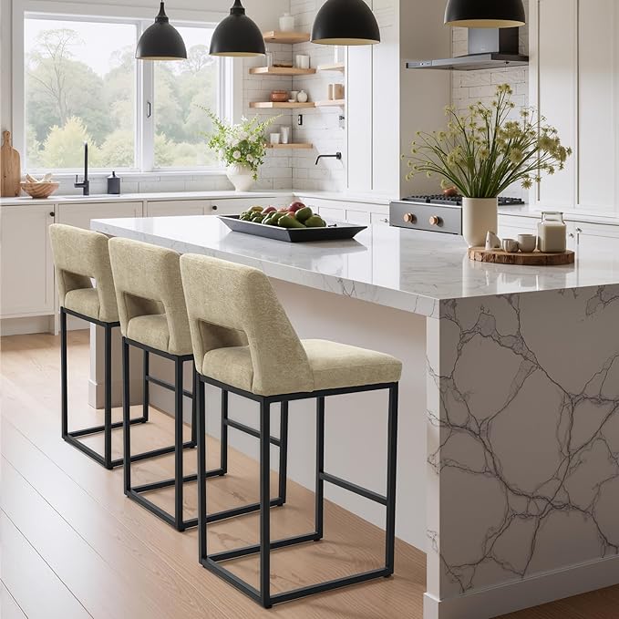 Counter Height Bar Stools Set of 2 for Kitchen Counter Modern Bar Chairs with Backs for Kitchen Island with Upholstered Fabric Seat and Metal Frame, Khaki, 26 Inch